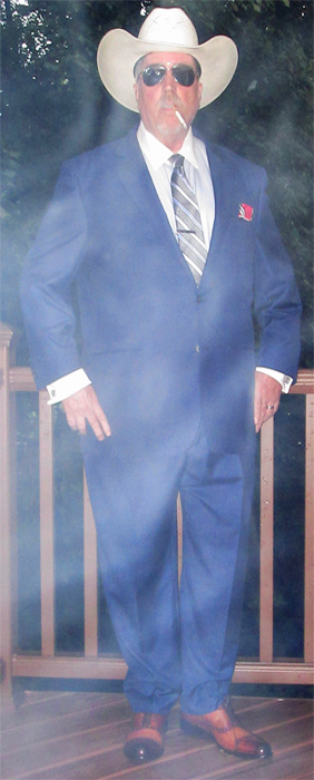 Paul Evans havana brown oxford toe dress shoes, blue suit, and Marlboro