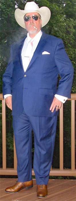 Allen Edmonds Bourbon Carlyle dress shoes, blue suit, and Marlboro