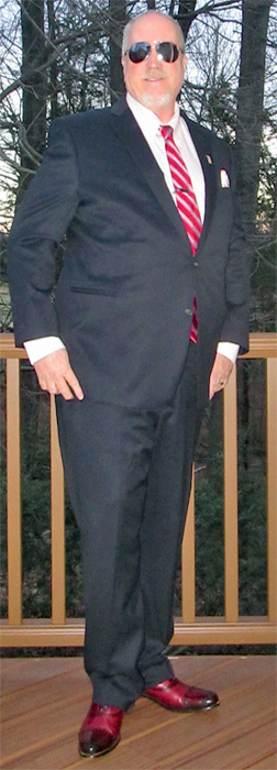 Paul Evans oxblood oxford cap toe dress shoes with navy suit