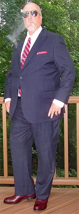 Allen Edmonds Park Avenue Burgundy Dress Shoe, navy pinstripe suit, and Marlboro