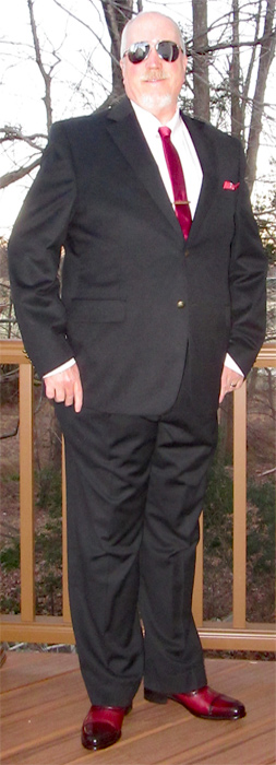 Paul Evans oxblood oxford cap toe dress shoes with black suit