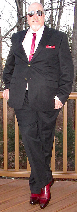 Paul Evans oxblood oxford cap toe dress shoes with black suit